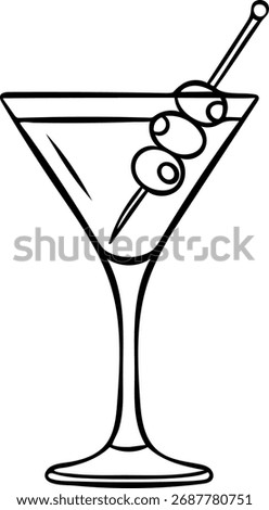 Hand-drawn black and white icon of an elegant margarita cocktail with olives, sketch style illustration of a classic martini drink. Simple doodle for bar menu and luxury themes
