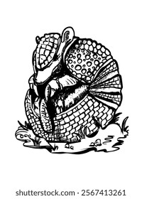 Hand-drawn black and white illustration of an armadillo, detailed and artistic