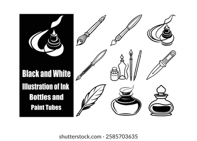 "Hand-drawn black and white illustration of classic calligraphy tools, including ink bottles, quill pens, dip pens, paintbrushes, and artistic knives. Ideal for digital designs, educational materials.