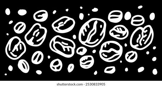 
A hand-drawn black and white illustration of coffee beans in various sizes, ideal for coffee-themed designs, branding, or minimalist artwork