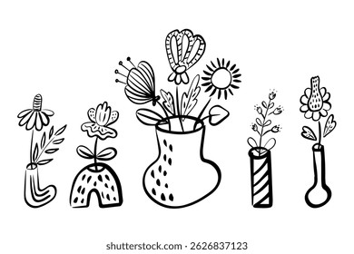 Hand-drawn black and white illustration of decorative flower vases with whimsical floral arrangements, perfect for creative designs, greeting cards, posters, and botanical-themed projects