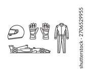 A hand-drawn black and white illustration featuring a racing helmet, gloves, a racing suit, and a Formula 1 car.