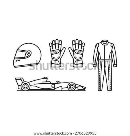 A hand-drawn black and white illustration featuring a racing helmet, gloves, a racing suit, and a Formula 1 car.