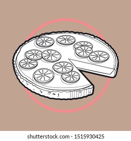 Hand-drawn Black And White Illustration Of Key Lime Pie On A Beige Background With Thick Outline.