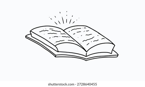 Eine handgezeichnete schwarz-weiße Illustration eines offenen Buches mit strahlenden Linien, die Wissen und Lernen symbolisieren.