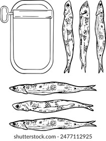 Hand-drawn black and white illustration of sardines in a tin can