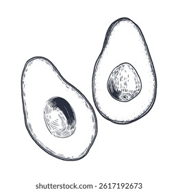 Hand-drawn black and white illustration of sliced avocado. Two halves: one with pit, one without. Vintage engraving style. Perfect for menus, food packaging, farm markets, cookbooks, and organic brand