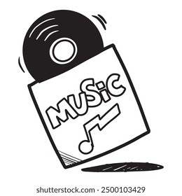 Hand-drawn black and white illustration of a vinyl record partially inside a music sleeve with a musical note.
