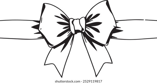 hand-drawn black and white image of a single ribbon bow with a knot at the center. The bow is tied in a simple elegant style with a loose flowing shape that adds a touch of whimsy to the design.