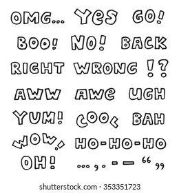 Hand-drawn black and white interjections isolated on white background - cool vector exclamations set with some punctuation marks
