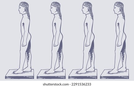 Hand-Drawn Black and White Kouros Vector Illustration - Ancient Greek Male Youth Sculpture