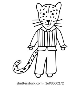 A hand-drawn black and white leopard dressed in trousers, a striped yolk and a shirt. Children's doodle Vector.