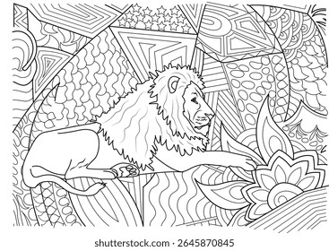 Hand-drawn black and white line art of a lion with detailed abstract background, ideal for adult coloring, relaxation, and creative design.