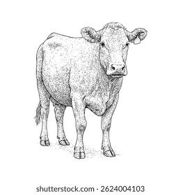 Hand-drawn black and white line illustration of a cow standing in a pasture, showcasing natural anatomy and texture. Suitable for agricultural designs and educational projects. Eid al-Adha sacrifice