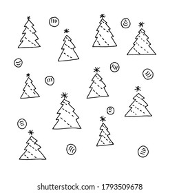 Patrón blanco y negro dibujado a mano de árboles de Navidad con bolígrafo de gel.
