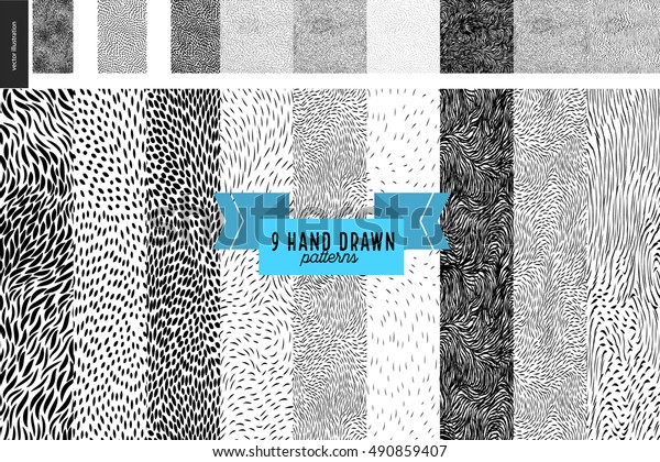 Handdrawn black and white patterns set.\
Fur or leaves seamless black and white\
patterns