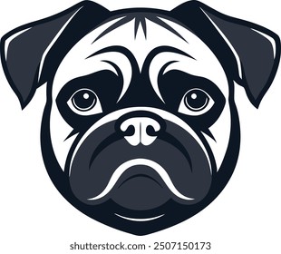 Hand-Drawn Black and White Pug Dog Cartoon Portrait – Featuring a delightful, pug face, this design element captures the essence of dogs and pets. Perfect for icons, logos, or pet-themed projects.