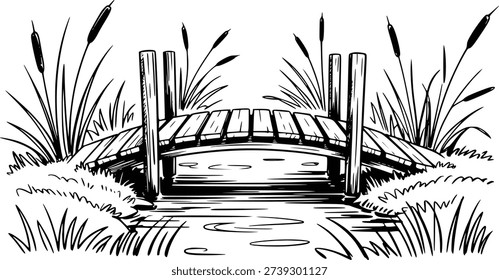 A hand-drawn black and white of a rustic wooden footbridge arching over calm water, surrounded by tall grass and cattails.