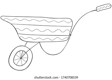 Hand-drawn black and white scandinavian-style garden unicycle cart. Insulated construction truck. Coloring book and page, horticultural design element, logo, emblem, icon. Vector.