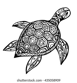 hand-drawn black and white sea turtle. 