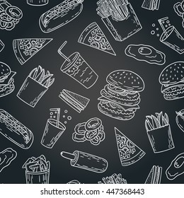 Hand-drawn Black And White Seamless American Fast Food Pattern With Burger, Fries, Hot Dog And Pizza. Vector Illustration.