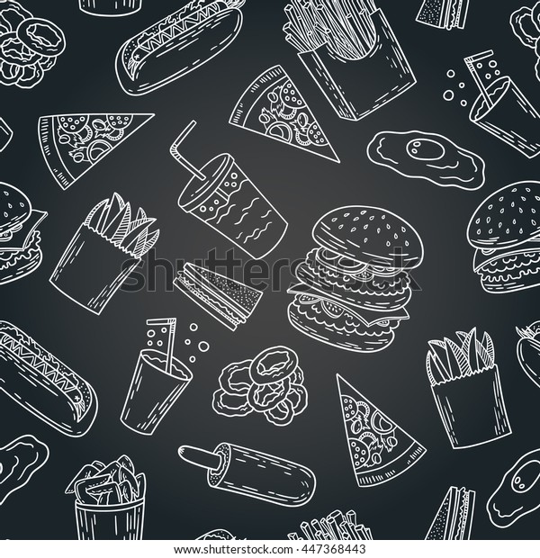 ハンバーガー フライドポテト ホットドッグ ピザを使った手描きの白黒のシームレスなアメリカのファストフードパターン ベクターイラスト のベクター画像素材 ロイヤリティフリー