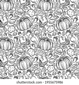 Hand-drawn black and white seamless pattern with rowan berries, pumpkins, chestnuts and leaves. Can be used for gift paper, textile, autumn greeting cards, wallpaper, pattern fill. Vector illustration