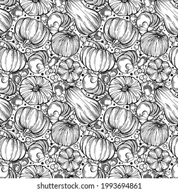 Hand-drawn black and white seamless pattern with rowan berries, pumpkins, acorns and leaves. Can be used for gift paper, textile, autumn greeting cards, wallpaper, pattern fill. Creative illustration
