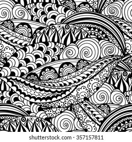 Hand-drawn black and white seamless pattern with abstract waves, circles and flowers. Doodles vector texture great for wrapping, printing, fabric paper, adult coloring page