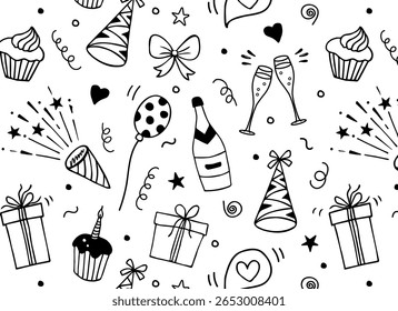 Padrão de vetor sem costura preto e branco desenhado à mão com rabiscos de aniversário. Inclui presentes, cupcakes, champanhe, chapéus, balões, fogos de artifício. Estilo ingênuo de desenho animado. Ótimo para embrulhar, design infantil