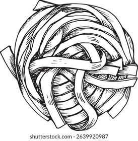 Hand-drawn black and white sketch of a fettuccine pasta nest, perfect for culinary graphics, packaging, or Italian restaurant branding.