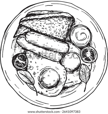 Hand-drawn black and white sketch of a full breakfast plate with eggs, sausages, toast, vegetables and salad leaves.