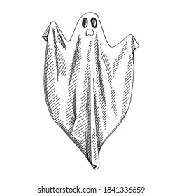 Hand-drawn black and white sketch of ghost in white sheet. Halloween attributes. Black and white halloween. 