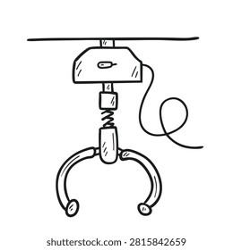 A hand-drawn black and white sketch of a mechanical claw machine crane with a spring and cable mechanism