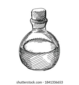 Hand-drawn black and white sketch of potion. Halloween attributes. Black and white halloween. Potion with liquid for Halloween