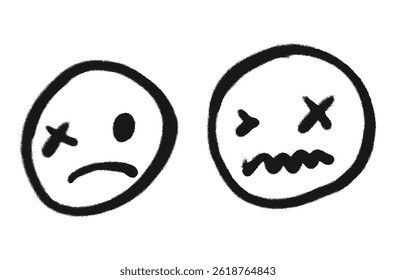 Esboço preto e branco desenhado à mão de dois Emoticons infelizes