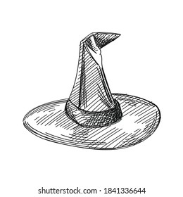 Hand-drawn black and white sketch of wizard hat. Halloween attributes. Black and white halloween. Hat of a witch or wizard isolated on white background.