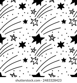 Hand-Drawn Black and White Star Pattern Vector Illustration - Abstract Star Doodles
