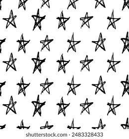Hand-Drawn Black and White Star Pattern Vector Illustration - Abstract Star Doodles