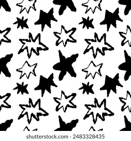 Hand-Drawn Black and White Star Pattern Vector Illustration - Abstract Star Doodles