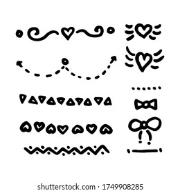 Hand-drawn black and white stickers and elements on the theme of love.