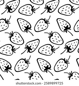 Hand-Drawn Black and White Strawberry Pattern – Seamless Minimalist Fruit Design for Fabric, Wrapping Paper, Wallpapers, Stationery, and Trendy Digital Backgrounds
