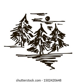 hand-drawn black and white trees coniferous Christmas trees and the moon or the sun on a white isolated background for use in design, textiles, wallpaper, wrapping paper, stationery