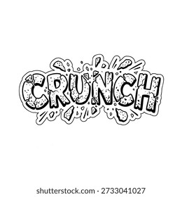 Hand-drawn black and white typography illustration of the word “Crunch”. Bold playful lettering suitable for food, snack branding, comics, and sticker designs.
