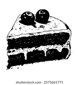 hand-drawn black and white vector art of a slice of cake with creamy layers and two cherries on top, perfect for bakery or dessert-themed designs.