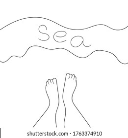 
Hand-drawn black and white vector doodle, bare feet on the beach near the sea foam with the inscription "sea" in a minimalistic style.
