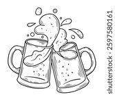 Hand-drawn black and white vector illustration of two beer mugs clinking together in a celebratory toast, with frothy beer splashing out. The vintage engraving-style sketch for brewery branding