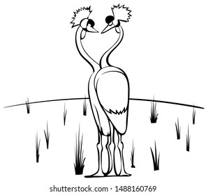 hand-drawn black and white vector illustration - two crowned cranes stand side by side, forming a heart shape