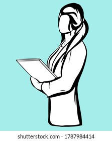 Hand-drawn black and white vector illustration of a businesswoman with folders