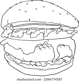 Hand-drawn black and white vector illustration of delicious cheeseburgers with melted cheese, lettuce, and sesame seed buns. Perfect for coloring pages, food illustrations, and restaurant designs.